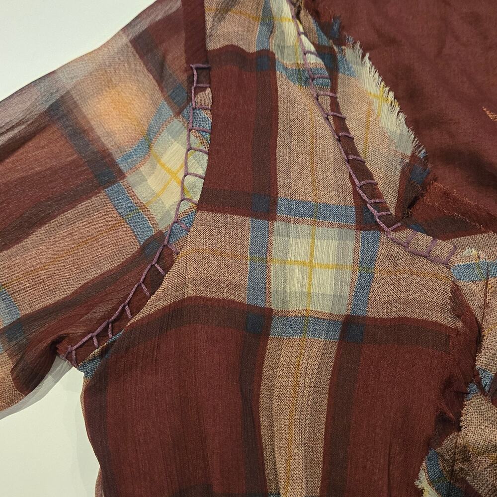 Desigual Empire-Waist Burgundy Plaid Embroidered Fringe Peasant Top Tunic -Sz L - Picture 4 of 15